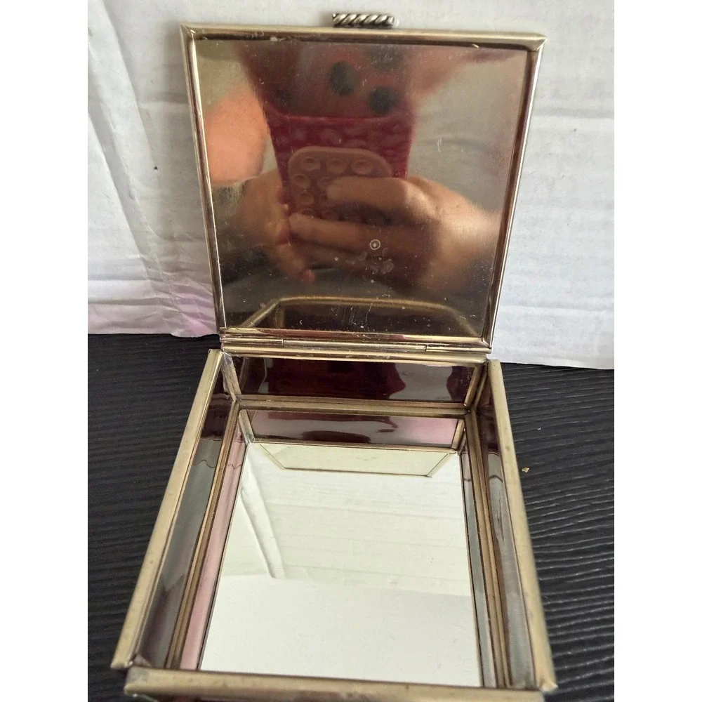 Vintage Enesco Stained Glass Jewelry Box Cranberry Purple Brass Photo Lid Mexico